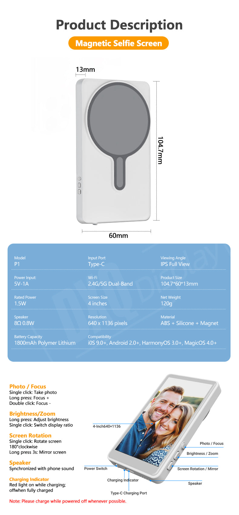 Magnetic Cell Phone Vlog Self Timer Monitor Screen Wireless Using Rear osCamera Monitor