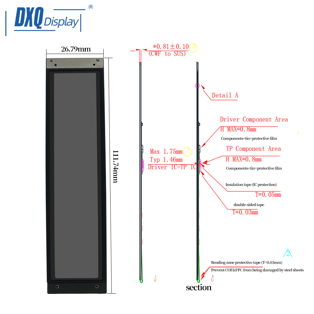 192x960 Wearable 4 Inch Flexible Amoled Display with Touch